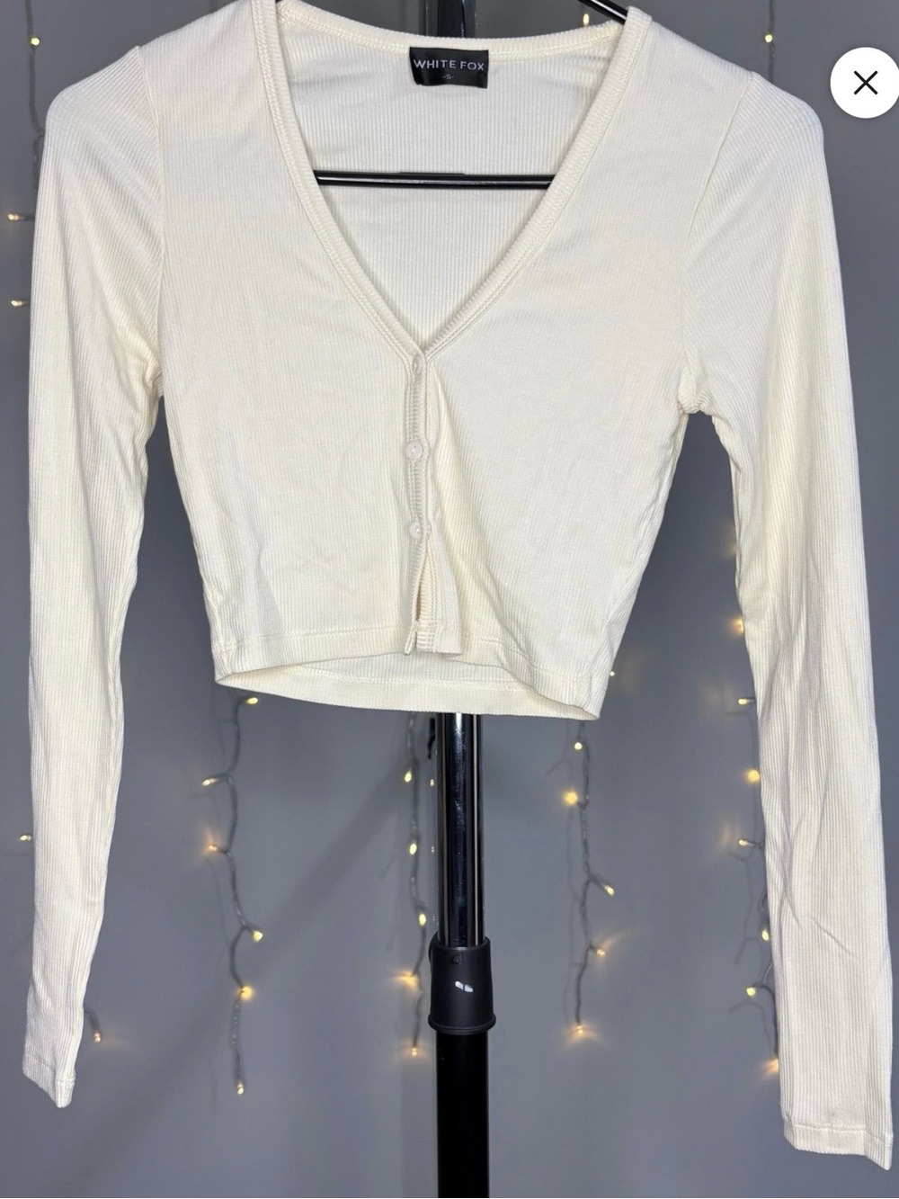 White Fox Boutique Cream Ribbed V-Neck Cropped Cardigan